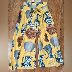 Yellow and Blue Pottery Print Wide-Leg Wrap Tie Front Cotton Pull-on Pants